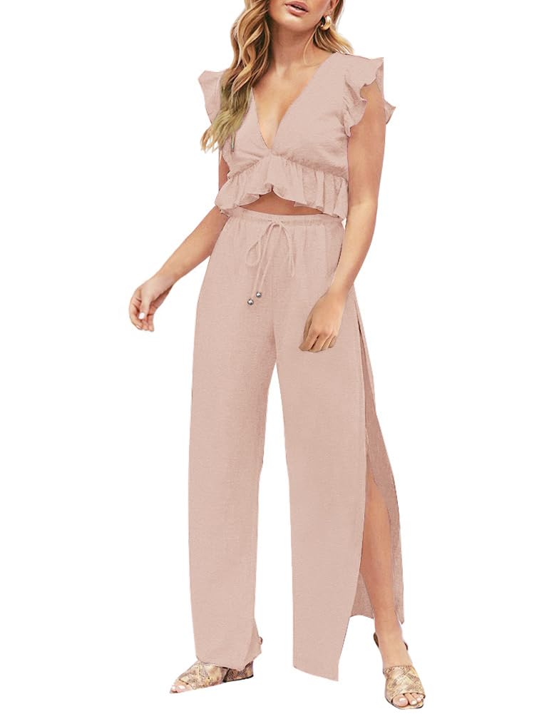 FANCYINN 2 Pieces Summer Outfits for Women Deep V Neck Crop Top Side Slit Drawstring Wide Leg Pants Sets Jumpsuits Pink L - Image 1